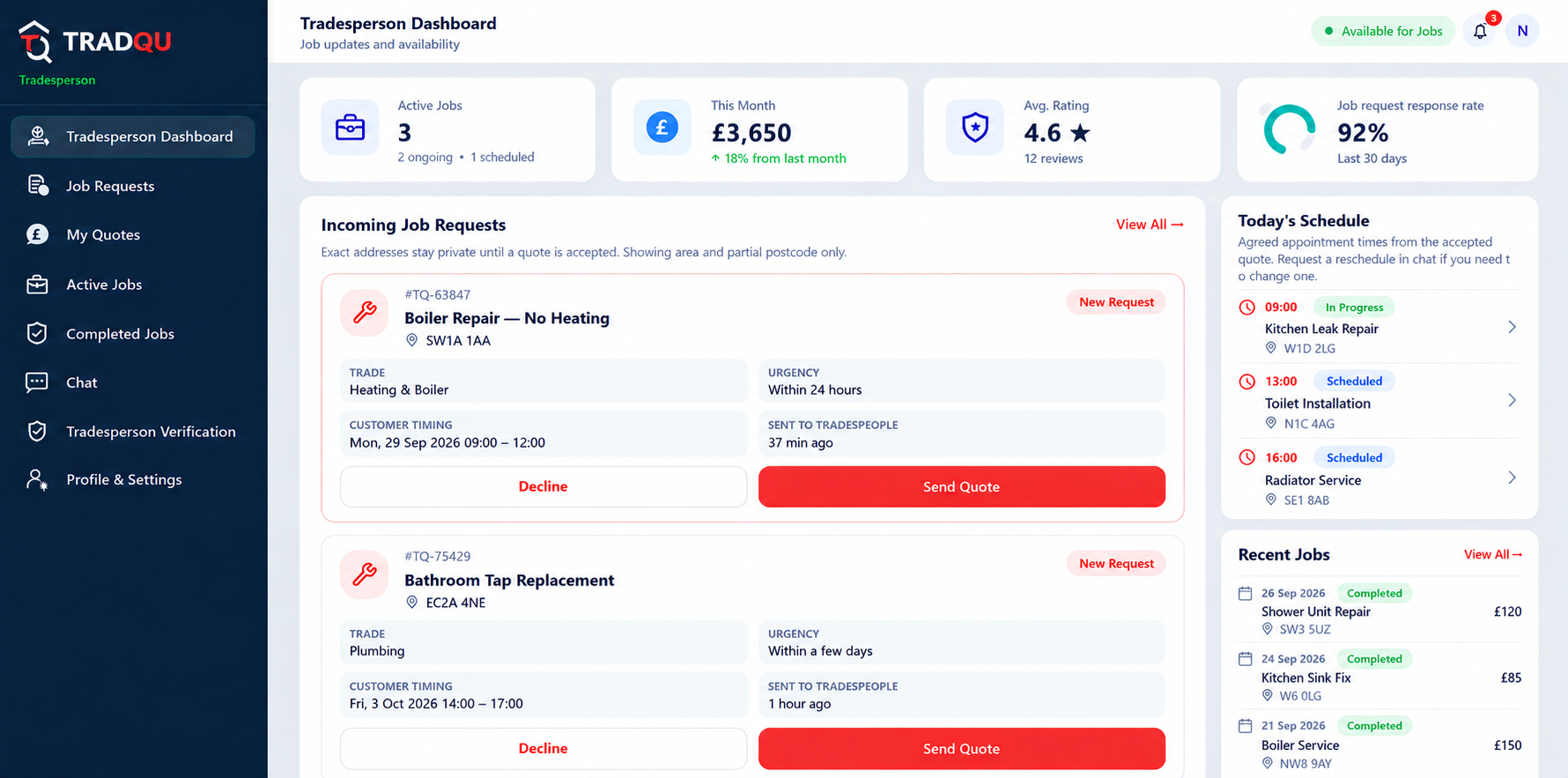 Tradesperson dashboard - Web Dashboard